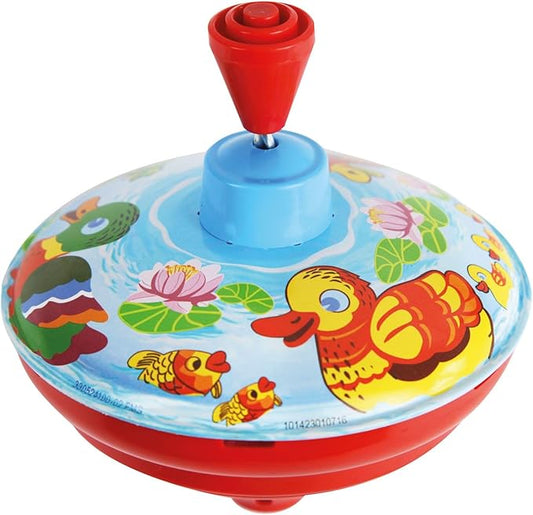 Lena 52410 tin Toys Humming Ducks Ø 14 cm, Spinning, Classical Pump Action, Metal top with Animal Motif, for Children from 18 Months