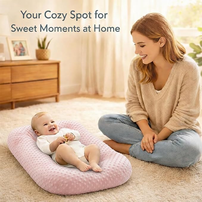 Baby Lounger for Newborn,Baby Nest for Newborn Soft Cotton Breathable for Playtime & Relaxation,Flat Babies Essentials Gifts Newborn Lounger for Boys & Girls 0-12 Months(Pink Bean)
