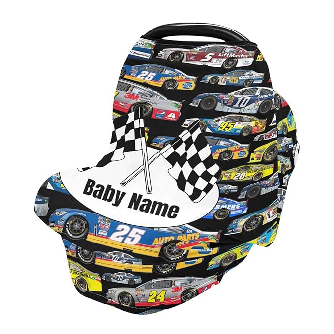 Personalized Baby Car Seat Cover for Babies, Custom Name Baby Car Seats Canopy for Boys Girls, Nursing Breastfeeding Stroller Covers for Infant Newborn, Shower Gift for Baby (Car Racing)