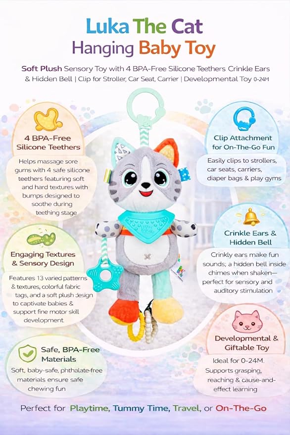 Balibazoo Luka The Cat Hanging Baby Toy – Soft Plush Sensory Toy with 4 BPA-Free Silicone Teethers, Crinkle Ears & Hidden Bell | Clip for Stroller, Car Seat, and Carrier | Developmental Toy 0-24M