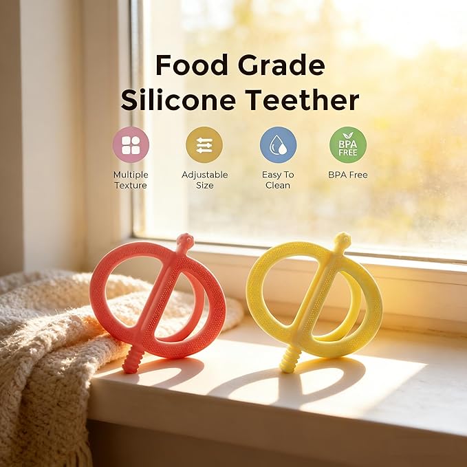 Baby Teething Toys Easy to Hold - 100% Food Grade Silicone Teething Ring for Babies 0-18 Months - BPA Free Teething Pain Relief for Infants 3-6-12 Months,Yellow&Pink