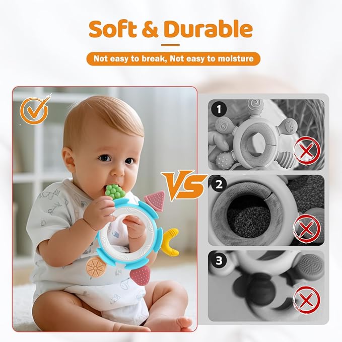 Baby Teething Ring Toy for 3-6-12 Months, Silicone Infant Teether for Sore Gum Relief, Soothing Sensory Chew Toy, Ideal Newborn Gift for Boys Girls Baby Shower, Birthday or Easter, Blue