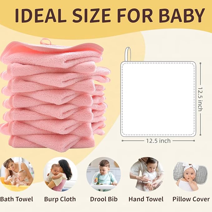 MUKIN Baby Washcloths Set - 12 Pack 12x12 Inches Microfiber Coral Fleece Face Towel for Newborns, Infant, Toddlers or Kids. Ultra Soft and Absorbent wash Cloth for Baby (Pink)