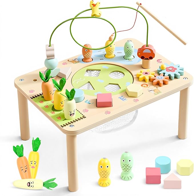 WINGYZ Activity Table, 6 in 1 Wooden Montessori Activity Center with Bead Maze Shape Sorter Fishing Game, Kids Sensory Play Table Toddler Toys 1st Birthday Gifts Boy Girl(Morandi)