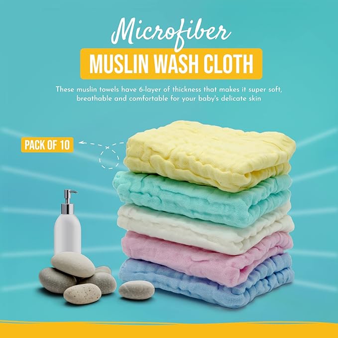 Pack of 10 Baby Muslin Washcloths Set (12”x12”), 6 Layers Multi-Colored Baby Washcloths Made of 100% Organic Cotton Highly Absorbent and Ultra Soft Wash Cloths for Your Baby