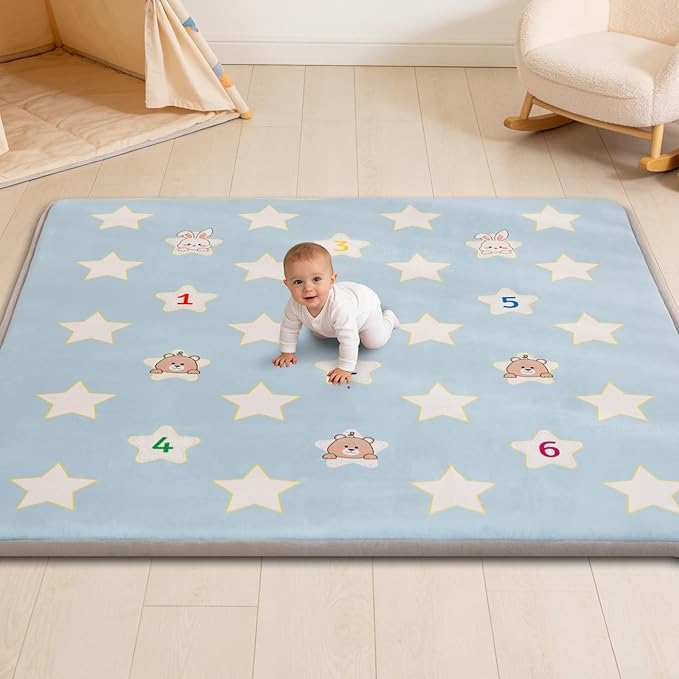 RONGFA Baby Play Mat 50x50x1.3 Inch, Memory Foam Crawling Mat, Non-Slip Water-Repellent Playpen Mat, Soft Cushioned Floor Mat for Infants Toddlers (Star)