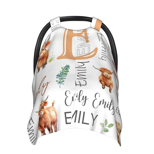 Personalized Baby Car Seat Canopy with Name Custom Minky Highland Cow Car Seat Covers Nursing Cover for Breastfeeding Multi-Use Cover Infant Carrier Carseat Winter Cover for Newborn Girls Boys