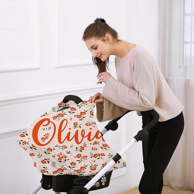 Custom Car Seat Covers for Babies - Breathable Baby Car Seat Cover for Girls Boys, Red Flower Theme Kick-Proof Newborn Carrier Canopy Stretchy Stroller Cover for 4 Seasons