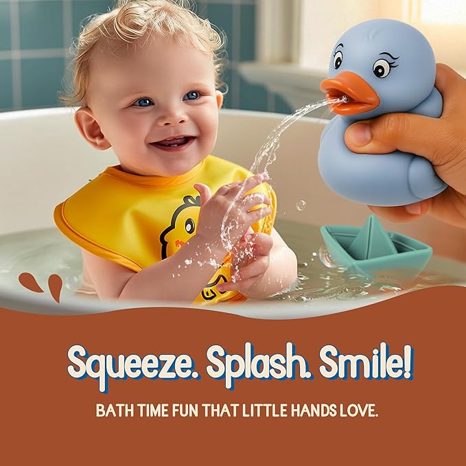 Bath Toys for Toddlers 1-3, Soft & Textured Montessori Baby Toys 6-12 Months, Floating Boat & Spraying Duck Bathtub Set, Sensory Water Play for Boys & Girls
