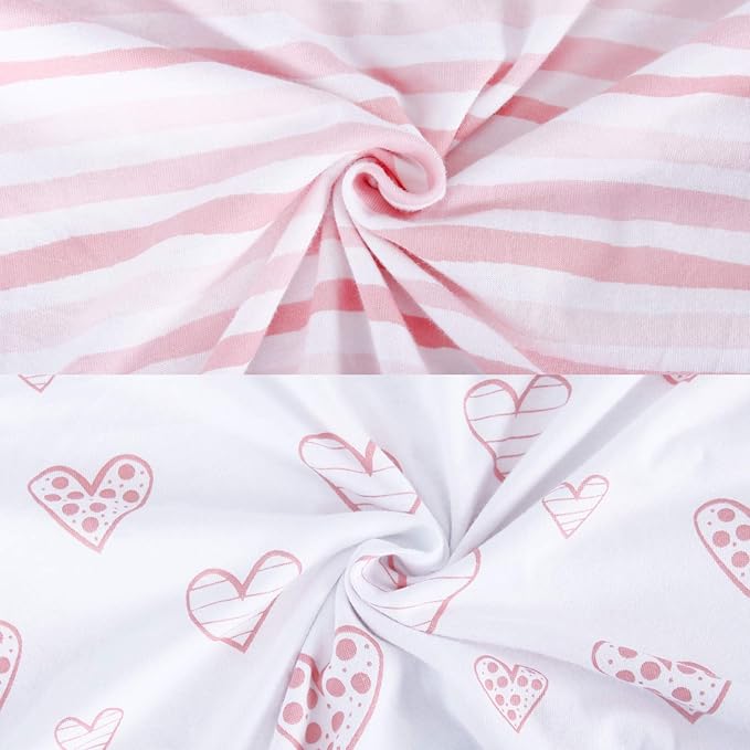 Square Playard/Playpen Fitted Sheets, Perfect for 36 X 36 Portable Playard, 2 Pack, 100% Jersey Knit Cotton Fitted Sheets, Mild Pink Stripes and Hearts Print for Baby Girls