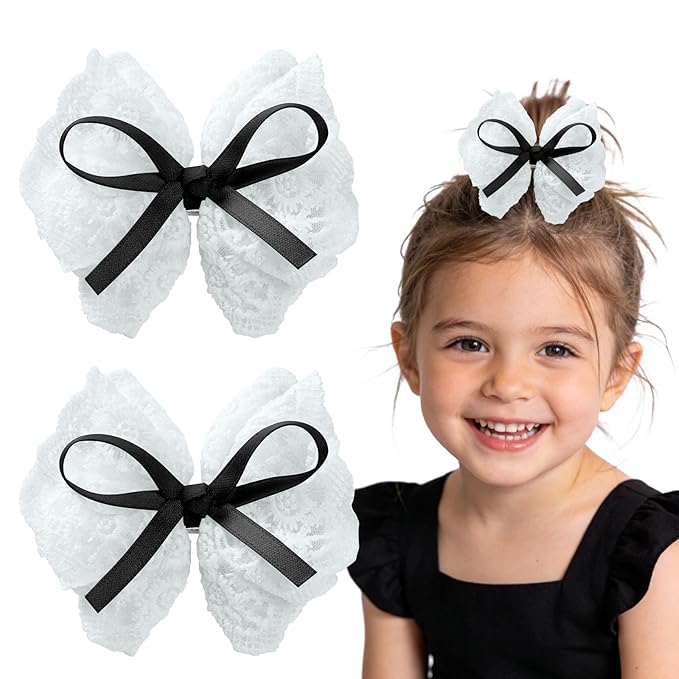 2pcs black hair bow clips for girls. white lace bow with black hair ribbon, fully lined alligator clips. Handmade hair accessories for girls.