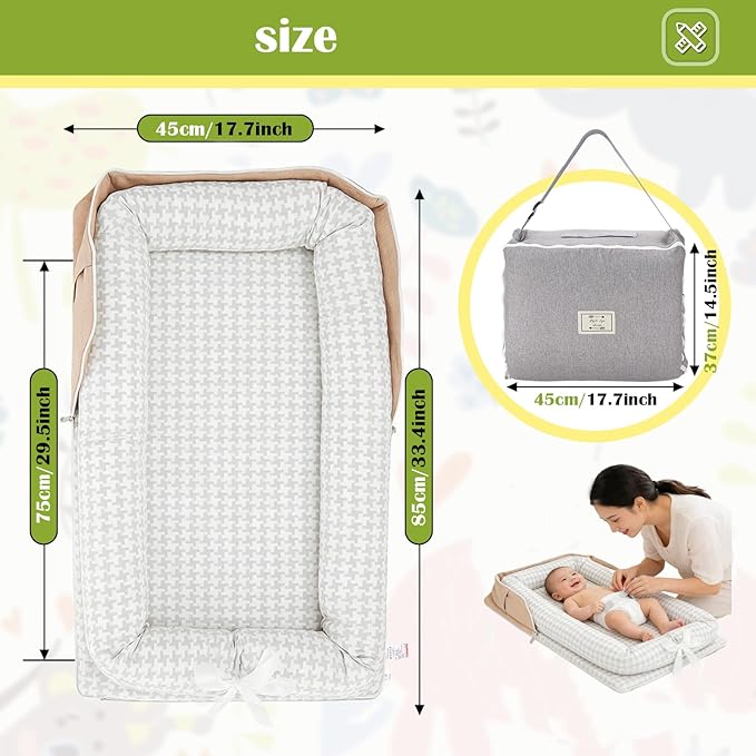 Baby Lounger for Newborn Portable Bag,Baby Nest Play Gym mat with Strap,Newborn Lounger Adjustable Size & Inner Zipper Lengthen Space to 24 Months(Gray Thousand Bird Check)