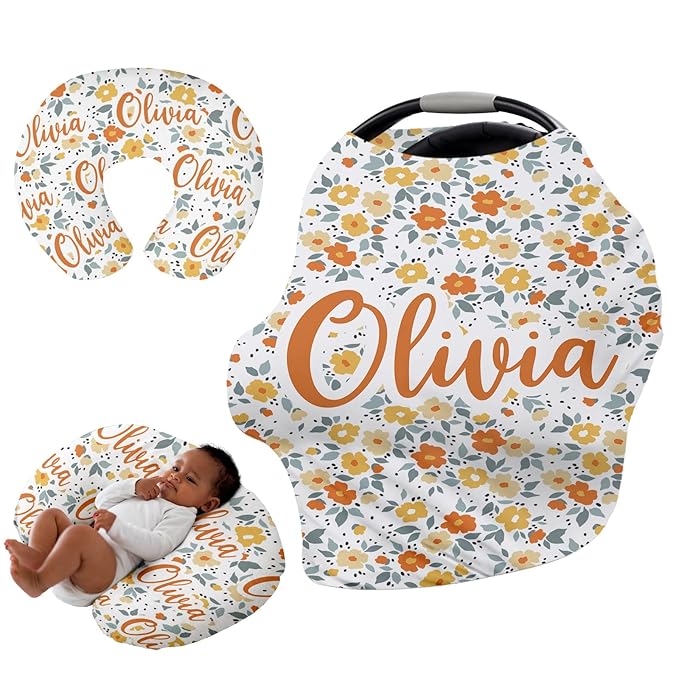 Personalised Car Seat Cover for Babies - Multi-use Carseat Canopy Cover with Name, Car Seat Covers, Christmas Birthday Gifts for Infant Boys and Girls Orange Flower Pattern