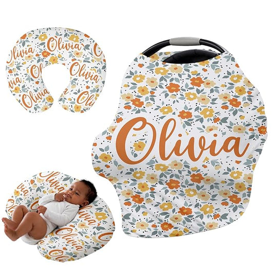 Personalised Car Seat Cover for Babies - Multi-use Carseat Canopy Cover with Name, Car Seat Covers, Christmas Birthday Gifts for Infant Boys and Girls Orange Flower Pattern