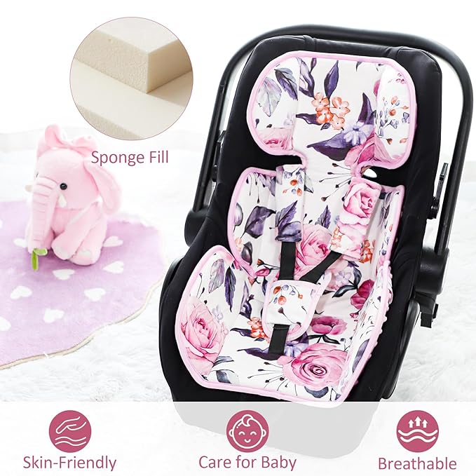 Infant Car Seat Insert with 3 Straps Covers, Ultra-Thick Baby Car Seat Head Support for Side Impact Protection, Minky Dot Baby Car Seat Cushion, Universal Pink Carseat Head Support for Newborn