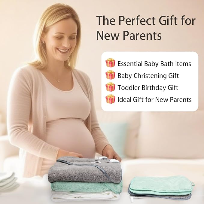 12 PCS Hooded Baby Towel Set, 32x32 Inch Absorbent Baby Bath Towels, 3 PCS Soft Hooded Towels & 9 PCS Washcloths, Ideal for Newborns, Toddlers, and Babies – Baby Bath Essentials (Green + Gray + White)