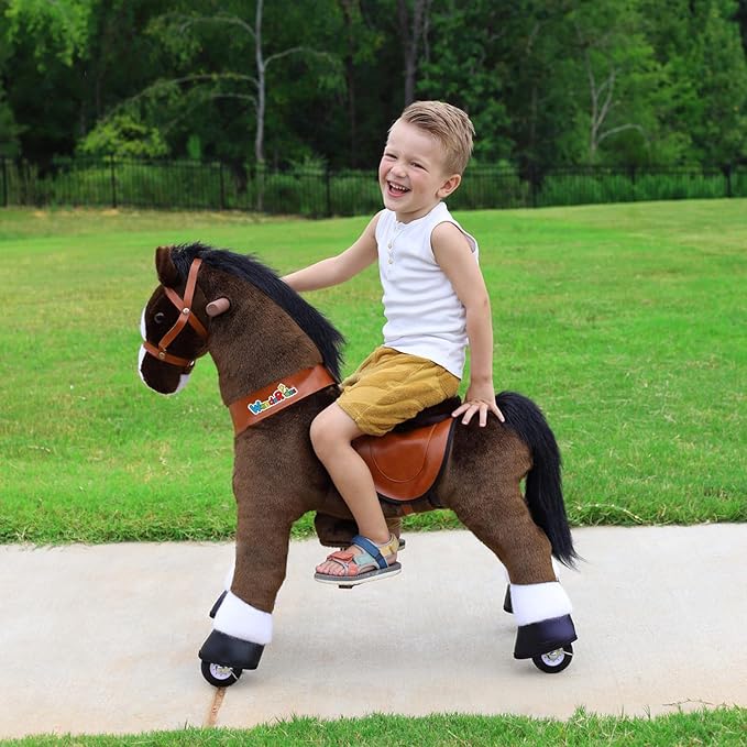 WondeRides Ride on Horse Pony Chocolate Riding Horse Toys Pony Ride Size 4 for Kids Toddlers Age 4-9, 36 inch Height Plush Walking Animal Mechanical Rocking Horse with Wheels No Battery
