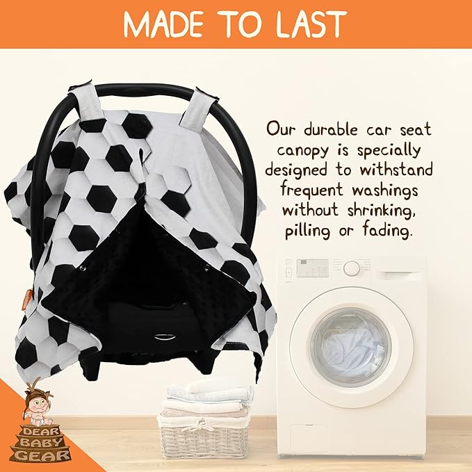 Dear Baby Gear Car Seat Canopy, Soccer Ball and Soccer Pattern on White, Black Lightweight Double Layer Dot