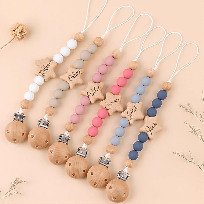 Personalized Pacifier Clip with Name, Wooden Star Baby Pacifier Holder Gift for Boys Girls Boho Style