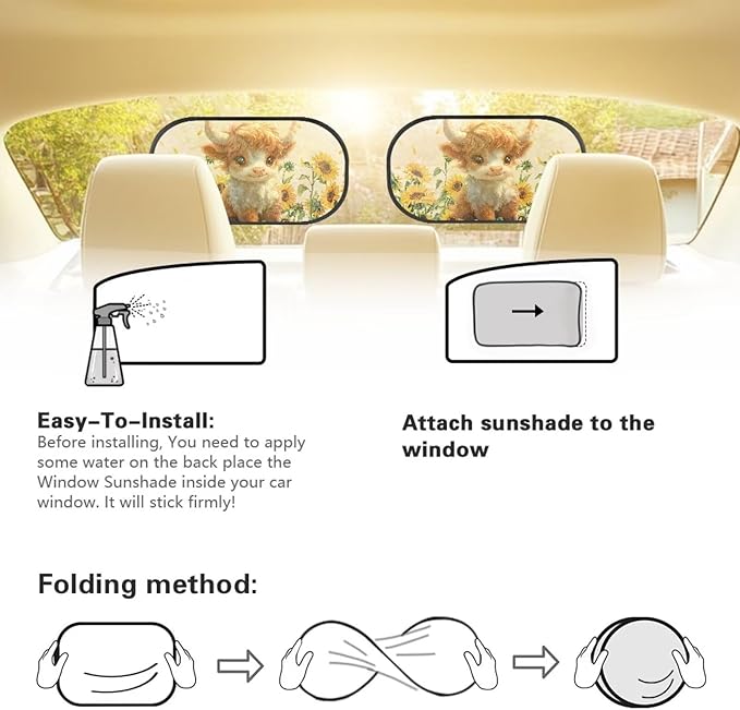 Bulopur Lovely Highland Cow Car Window Covers 2 Pack Car Window Shades UV Protection Breathable Side Window Screens Sun Protection and Sun Shade Blocker Universal Car Sun Shades