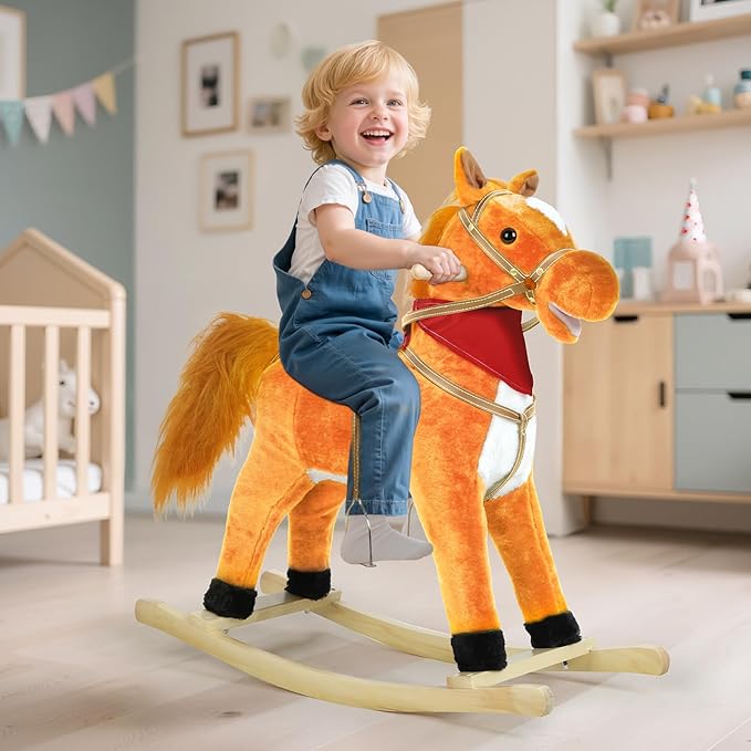 Rocking Horse for Toddlers Ages 1-6, Plush Ride On Toy with Sounds Moving Mouth & Wagging Tail, Interactive Wooden Rocker for Kids, Baby Rocking Chair Toys up to 120kg (Light Brown M)
