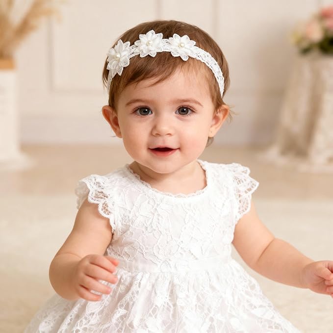Baby Girls Hairband White Bow Lace Headbands Handmade Soft Stretchy Wide Head Band Newborn Hairbands with Bows Pearls Elastic Headband for Infant Hair Accessories（Three White Flowers）