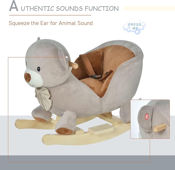 Qaba Kids Rocking Horse, Bear-Shaped Plush Toddler Ride on Horse with Sound, Wooden Base & Safety Belt for 18-36 Months, Gray