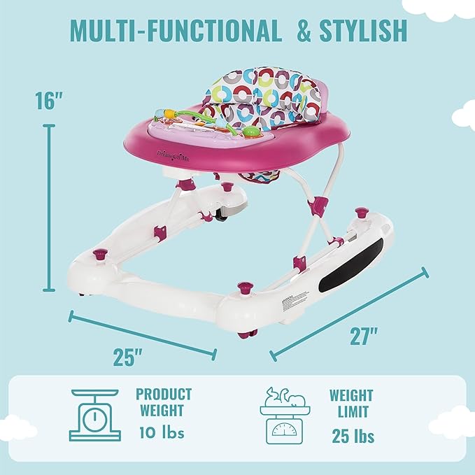 Dream On Me Go-Getter Baby Walker and Walk Behind Walker, Adjustable Seat Height, Comfortable Padded Seat, Easy to Fold, Pack and Store, Detachable Fun Tray, Pink
