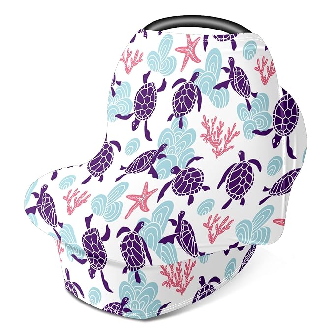 Baby Car Seat Stroller Covers Purple Sea Turtles Marine Starfish Nursing Cover Breastfeeding Scarf Soft Breathable Stretchy Coverage Carseat Canopy Cover for Boys and Girls Soft Breathable Multi Use