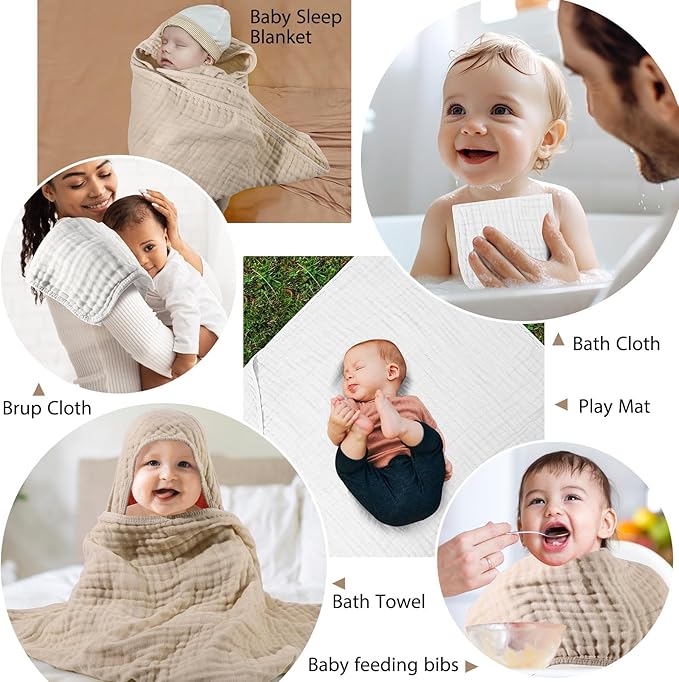 VitalCozy 6 Pcs Baby Muslin Hooded Bath Towels and Washcloths Muslin Cotton Hooded Baby Towels Absorbent Blankets for Gift Newborn Infant Shower (32 x 32 Inch,Beige,Sage Green)