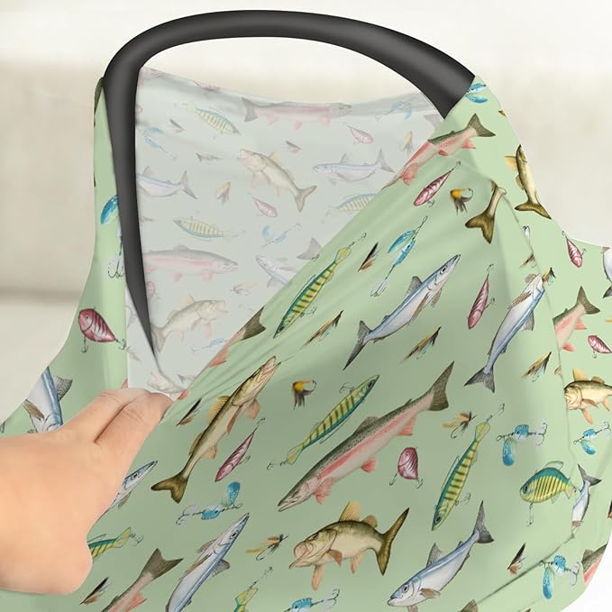 Fishing Baby Car Seat Covers Freshwater Fishes Lures Stretchy 5-in-1 Cover Adjustable Infant Carseat Canopy Cover Lake Outdoors Fishing Lovers Gift Breathable Nursing Cover-Up