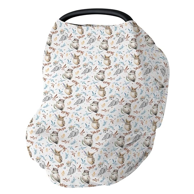 Boho Owls Floral Leaves Baby Car Seat Covers Watercolor Owl Stretchy 5-in-1 Cover Adjustable Car Canopy Breastfeeding Cover Floral Bird Fern Breathable Nursing Cover-Up
