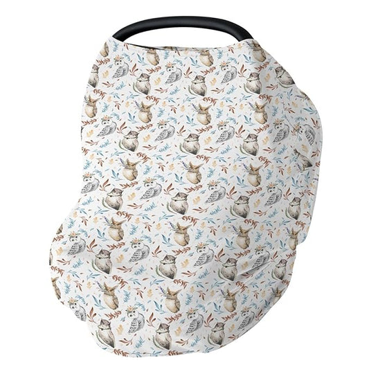 Boho Owls Floral Leaves Baby Car Seat Covers Watercolor Owl Stretchy 5-in-1 Cover Adjustable Car Canopy Breastfeeding Cover Floral Bird Fern Breathable Nursing Cover-Up