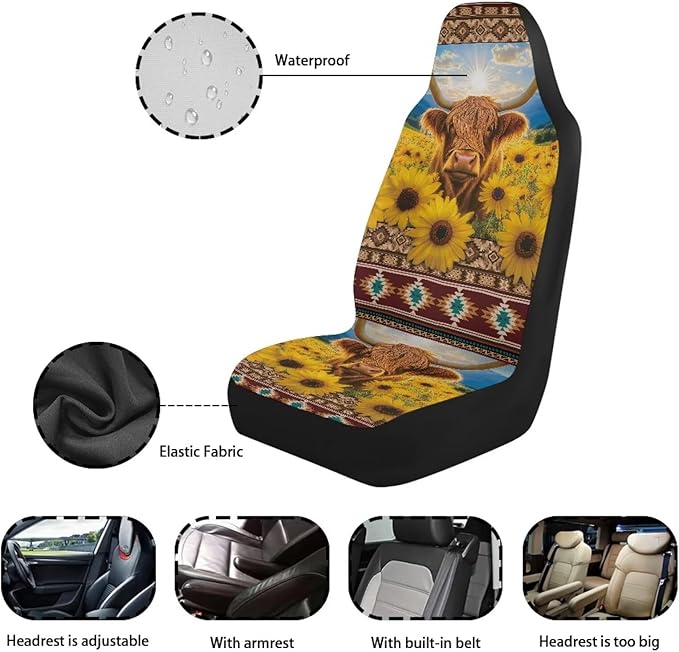 Sunflower Highland Cow Car Seat Covers Elastic Fabrics Waterproof Car Seat Cover Easy to Install Auto Interior Accessories 2 Pcs Set for SUV, Vans,Sedan,Truck