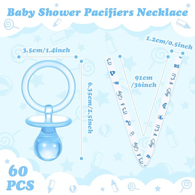 Junkin 60 Pieces Baby Shower Pacifiers Necklace Acrylic Pacifiers Necklace Charm for Girls Boys Baby Shower Party Favors Decorations, Boy Style(Blue, White)