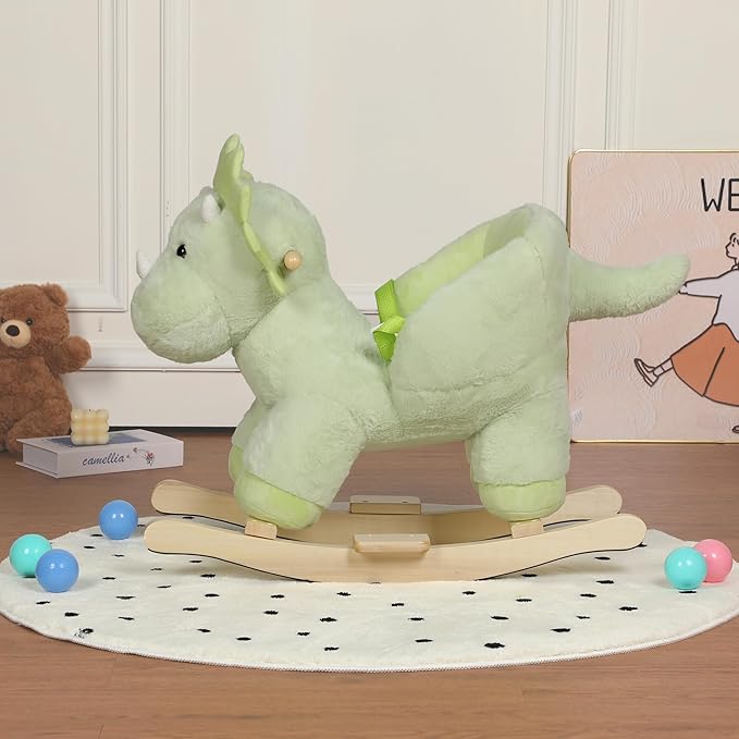 Dinosaur Baby Rocking Horse for Toddlers 1 Years to 3 Years, Stuffed Plush Ride-on Rocking Animal with Realistic Sound and Music, Wooden Rocking Horse with Seat, Green Dinosaur, CPC Certified
