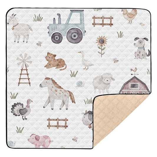 Baby Play Mat Watercolor Farm Animals Tractor 50 x 50 Playpen Mat Baby Play Mats for Floor Play Gym Crawling Mat Non-Slip Cushioned Baby Playmat for Infants, Babies, Toddlers