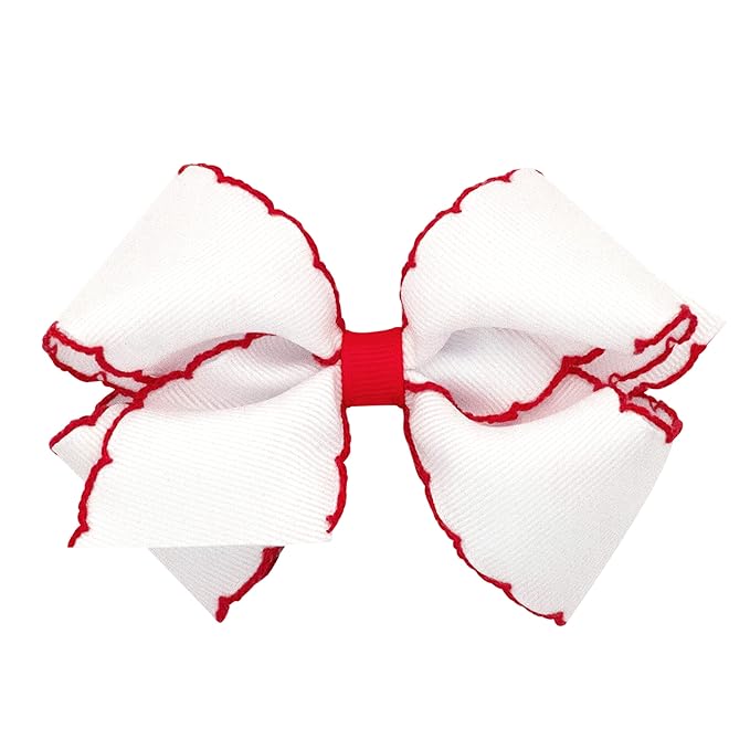 Wee Ones Girls' Classic Grosgrain Moonstitch Edge Hair Bow, No-Slip Hair Clip, Handmade, White with Red, Small