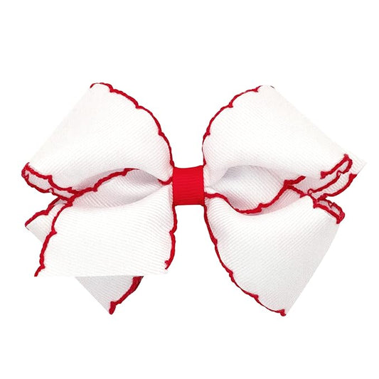Wee Ones Girls' Classic Grosgrain Moonstitch Edge Hair Bow, No-Slip Hair Clip, Handmade, White with Red, Small
