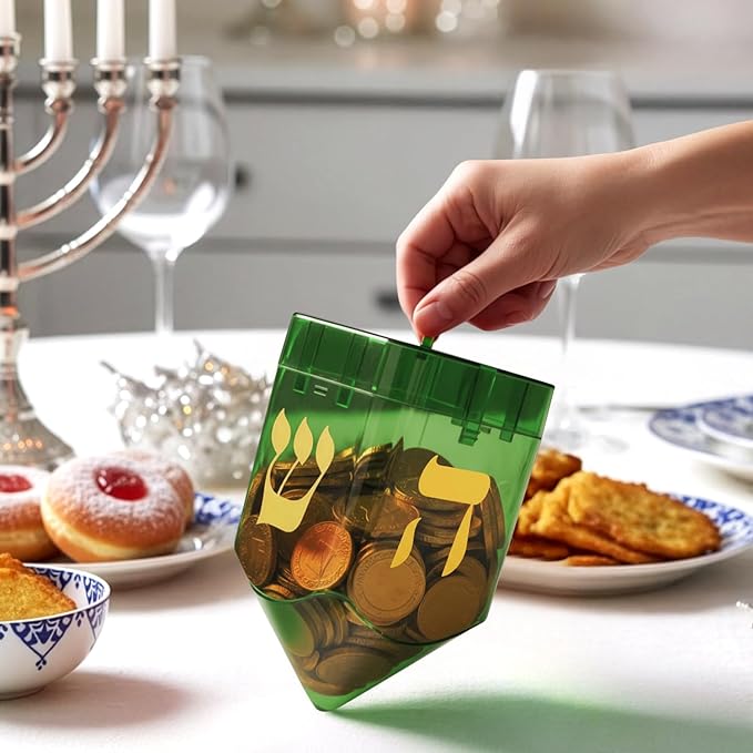 Large Fillable Dreidels for Hanukkah, Pack of 4 Plastic Dreidels Bulk, Green Large Dreidels That Bring Joy and Tradition to Every Celebration