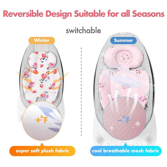 Mamaroo Infant Insert Compatible with 4moms MamaRoo & RockaRoo Swing | Enlarged Head & Body Support Cushion, Reversible Design, Soft Breathable Fabric with Flowers, Machine Washable