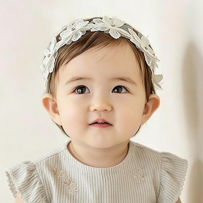 Baby Girls Flower Headbands Cute Kids Christening Headband Soft Lace Hairbands Floral Crown Newborn Infant Toddlers Hair Accessories for Birthday Party Photography(White Rhinestones Pearl)