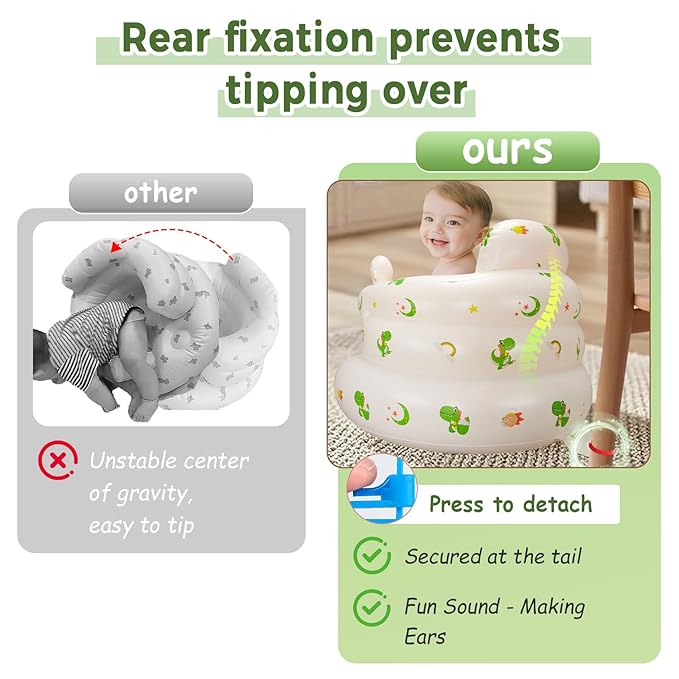 Inflatable Baby Seat for Babies 3-36 Months，[Squeaky Sound & Anti-Fall Design] Inflatable Chair with Sound-Making Ears, Baby Seat for Sitting-Up Practice, Built-in Air Pump (Ear Dinosaur)