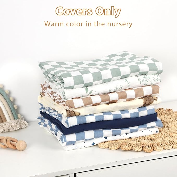 Hooyax Muslin Baby Lounger Cover 2 Pack - 100% Breathable Cotton Soft Infant Lounger Covers, Fits Most Standard Newborn Loungers & Pillows (Coffee Checker+Bear)