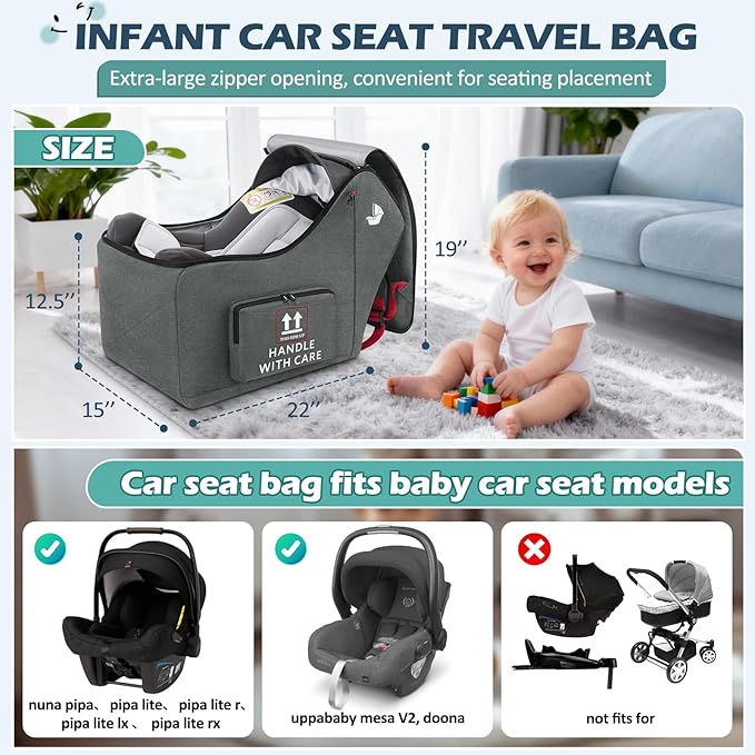 RAINSMORE Infant Car Seat Travel Bag for Airplane Compatible with All Nuna Pipa Car Seat and Base Chicco KeyFit 30 and Base Padded Car Seat Backpack for Travel Carseat Gate Check Bag with Side Pocket