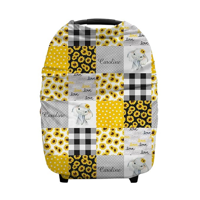 Personalized Elephant and Sunflower Plaid Baby Car Seat Covers with Name, Custom Nursing Cover Breastfeeding for Babies, Carseat Canopy for Boys and Girls, Infant Stroller Cover