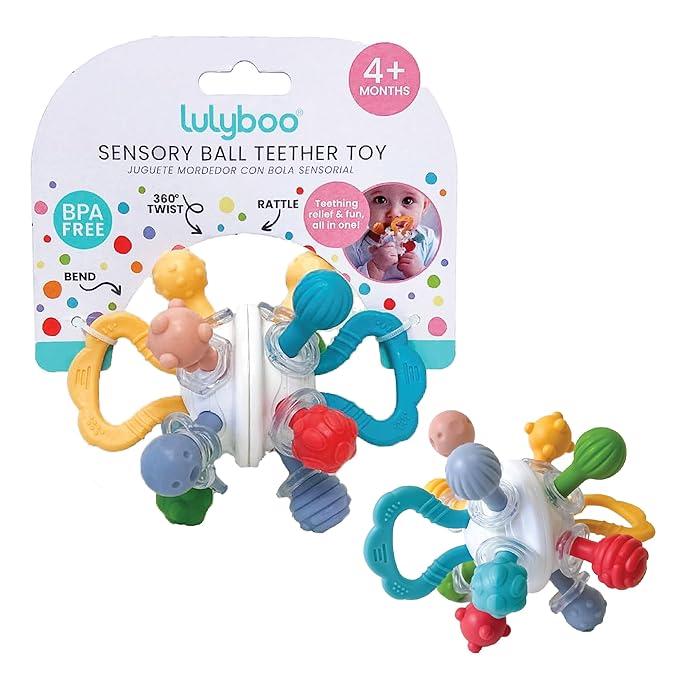 Lulyboo Baby Toy Ball Teether - Soft, BPA-Free, Textured, Colorful, Lightweight, Portable Baby teether for Soothing Sore Gums, Promoting Motor Skills & Sensory Play, Safe for on-the-go use