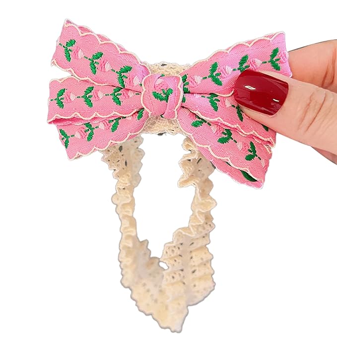 Baby Girls Hairbands Bow Lace Headband Handmade Soft Stretchy Pink Bowknot Hairbands Newborn Hairband with Bows Elastic Hair Bands for Kids Infant(Rose Red Bow