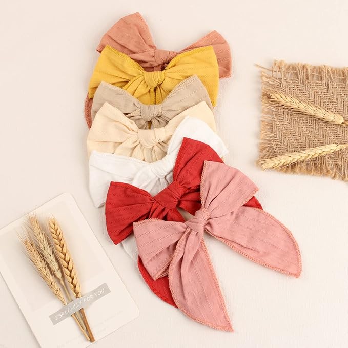 TOKUFAGU 7 Count 6 Inch Hair Clip Bows, Large Cotton Hair Accessories for Girls Toddlers Kids