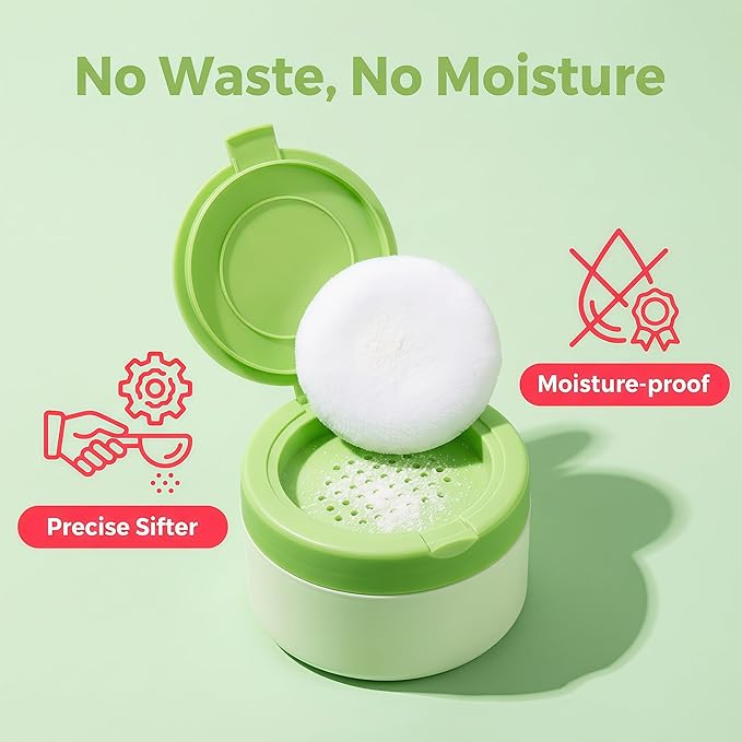 White Plastic Empty Baby Powder Puff Case with Green Sifter Lid Refillable After-Bath Talcum Powder Jar Dispenser Portable Beauty Baby Skin Care Container for Home and Travel